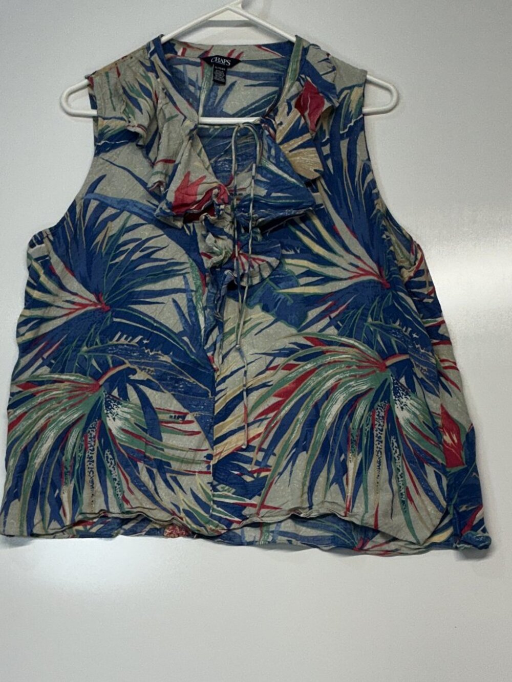 Chaps XL Blue Tropical Ruffle Tie Neck Sleeveless Blouse Boho Resort Top - Picture 2 of 14